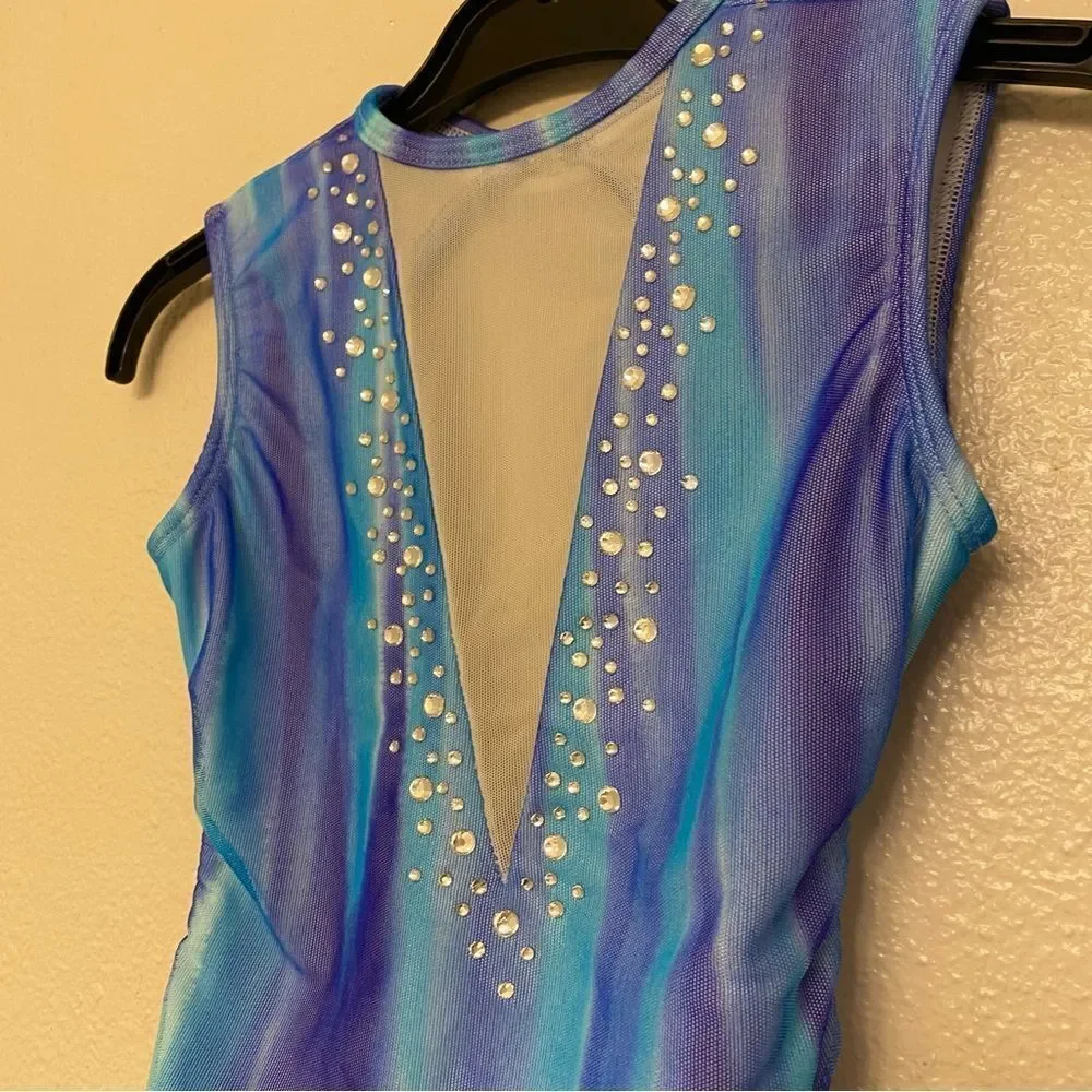 LA designs Custom Solo rhinestoned Dance Costume Leotard blue mesh LC XLC